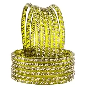 STYOLLO Designer Glass Bangles Set For Women & Girls Studded With Golden Zircon Stone | Stylish Glass Bangle | Fancy Chudi Set | Traditional Women Bangles | Girls Chudi | Fashion Jewellery - Set Of 12