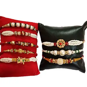 DMS RETAIL Elegant Rakhi For Beloved Brother Pearl Rudraksh Golden Beads Rakhi Conbo Of 8 Rakhi With Tilak Stick And Roli Chawal (42-47-V-W-Z5-Z15-Z22-Z27)