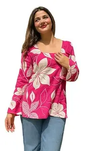 ALENJAN Rayon Floral Print Short Kurti for Women | Square Neck Long Sleeve Top for Women | Soft Breathable Fabric | Relaxed Fit | Casual and Office Wear