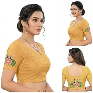 PAARTH ENTERPRISE PAARTH ENTREPRISE Women Cotton Blend Round Neck Short Sleeve Readymade Saree Blouse