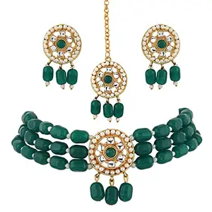 Shining Diva Fashion Latest Stylish Fancy Choker Traditional Pearl Kundan Necklace Jewellery Set for Women (12828s), Green, One