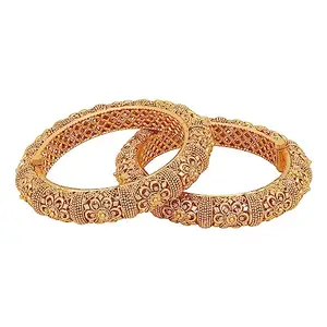 ACCESSHER Gold Plated Traditional and Finish Screw Closure Bangles Set of 2 for Women (Gold) (2.4)