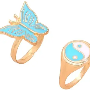 Rubique Chunky Yin Yang Butterfly Nd Drip Oil Style Ring For Women Brass Gold Plated Ring Set - Set of 2