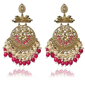 ETHONICA Pearl Gold Plated Brass Red Kundan Meenakari Chandbali Earring for Women & Girls (Pink) (Meenakari)