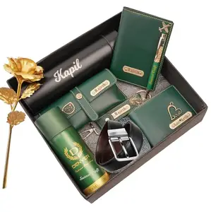 Little Crafts Your Name Customized Mens Gift Hamper Set with Water Bottle, Passport Cover, Pen, Men Wallet, Sunglasses Cover, Keychain, Men Deodorant, Golden Rose and Mens Belt (Green)