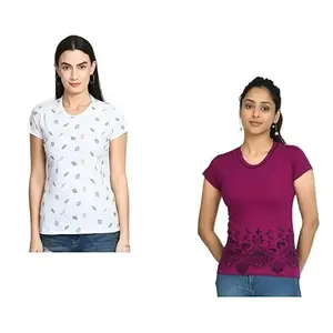 IndiWeaves Women Cotton Allover and Bottom Printed Half Sleeve Round Neck T-Shirts [Pack of 2] Multicolor67