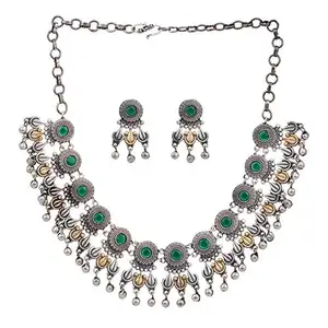 Peora Oxidized Silver Alloy and Kundan Choker Necklace Set for Women & Girls (Silver_117.37 gm)