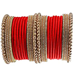 HABSA HABSA Hand Craft New Silk Thread Plastic Base Metal Pearl Bangles Set of 20 Bangles Red Color (size-2/6)