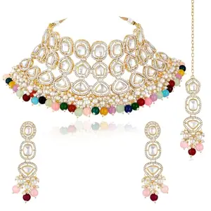 Peora Gold Plated Multicolor Crystal Cubic Zirconia & Beads Studded Necklace Earrings Maangtikka Set Fashion Jewellery for Women