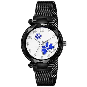 Talgo Alluring Analogue Blue Dial Black Magnet Strap Graceful Stylish Wrist Watch for Women, Pack of 1 - GEN-MAG-Flower-BLU-BKM