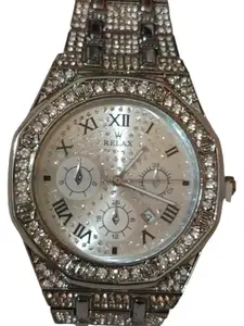 Crystal-Encrusted Chronograph Watch, Silver-Tone, Roman Numeral Dial