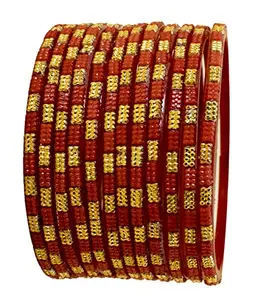The Golden Cascade Fancy Glass Bangles with Beautiful Design/Kaanch Chudi Set for Women and Girls/CHNDNI/ (Pack of 12 Bangle) (Tamatri, Small 2.4)