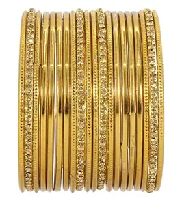 NMII Non-Precious Metal Base Metal with Zircon Gemstone Studded worked Plain and Cutting Pattern Glossy Finished Bangle Set For Women and Girls, (Golden_2.4 Inches), Pack Of 20 Bangle Set