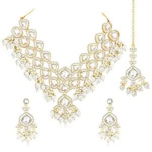 Peora Gold Plated Crystal CZ & Beads Studded Necklace Earrings Maangtikka Set Ethnic Jewellery for Women