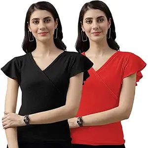 Clafoutis Half Sleeve V Neck top for Women (Medium, Black-Red)