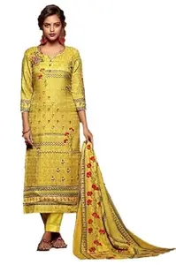 DRAVINAM Trends Women's Jam Cotton Printed Unstitched Salwar Kameez Suit Fabric with Shisha Khatli Work, Cotton Bottoms and Chiffon Dupatta