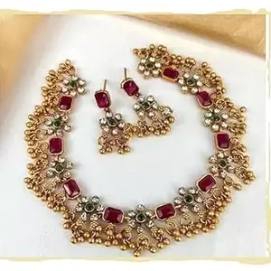 Gold Plated Green-Pink Diamond choker,necklace,jewellery set For Women #nc8