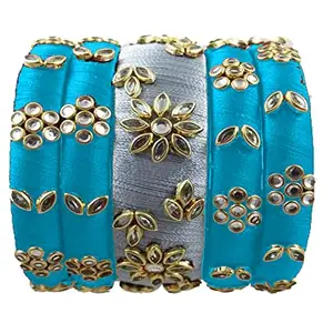 pratthipati's New Silk Thread Bangles Stones Chuda Bangle Set For Womnes and girls (White-Sky Blue) (Size-2/12)