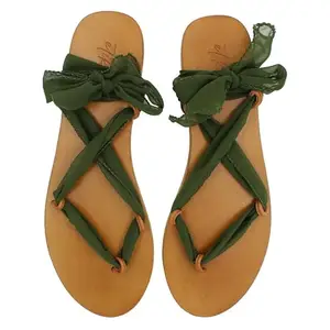 Etiket Etiket Venti - Olive Green Fully Adjustable Viscose Tie Up Flat Sandal For Women - (Perfect for Normal and Wide Foot)