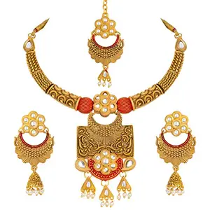 Peora Antique Gold Handcrafted Polki Traditional Necklace Set with Earrings & Maang Tikka for Women Girls