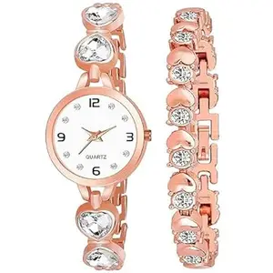 SF Collection Analog White Dial Watch with Heart Shape Watches Rosegold Bracelet for Womens and Girls | Small White Dial Watch with Diamond Studded Bracelet Band