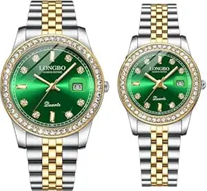 LONGBO Harmony Couple Watch Set Pack of 2 Analog Watches - Elegant Dual Tone Band Rhinestone Studded Case, Stainless Steel Band | Marriage Gift Set for Men and Women