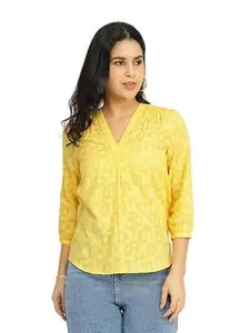 Pink Fort Cotton Jacquard V-Neck Top - Yellow