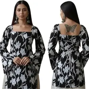 SANGOURI Women Pure Cotton Floral Printed Short Kurti | Square Neck | Full Sleeves | Stylish Ethnic Kurta | Back Tie-Up | Casual Wear Kurta