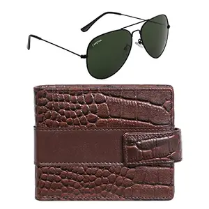 Campeon Combo of Genuine Leather RFID Protected Loop Wallet and Avaitor Sunglasses for Men (Medium Sunglasses, Brown Wallet and Black Frame Green Lens)