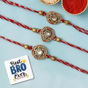 eCraftIndia Set of 3 Diamond Kundan Beads Designer Rakhis for Brothers with Best Bro Ever Fridge Magnet and Roli Chawal Pack