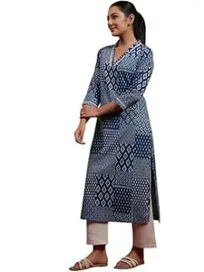 ROUVTE Women's Rayon Printed Straight Kurti with Pant Set (Blue-M)