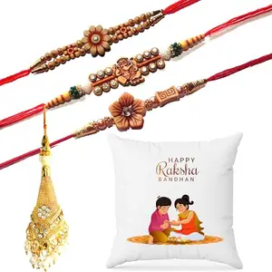 Ethnic Darzi Rakhi Combo Gift Set - 3 Designer Rakhis & 1 Metal Lumba for Bhabhi with Raksha Bandhan Printed Cushion - Gift for Brother | Rakhi with Pillow for Raksha Bandhan, RKCUS-23