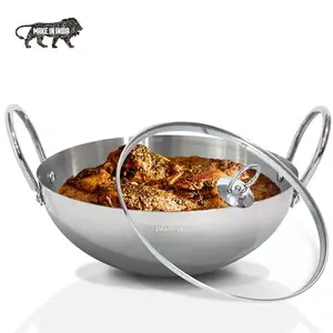 Blueberry's 24cm High Grade Stainless Steel Kadai Kadhai Pan with Glass Lid, Heavy Size and Weight for Kitchen price in India.