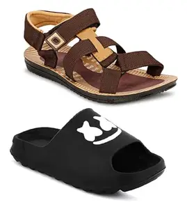 Liboni Men's Brown Casual Sandals & Comfort Flip-Flops Black Slippers Cobmo pack of 2 (9)