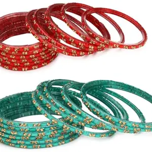 Somil Stylish Colorful Bangle Combo Of 2 Set, 12 Bangles In 1 Set, Glass, Red, Redium- B7