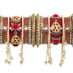 DELIGHT INTERNATIONAL EXPORTS Bridal Jewellery Bangles Set Gold Plated Rajasthani Chura Punjabi Chuda Set for Wedding(BD-03-Maroon-2.8)
