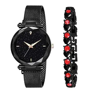 Feron Branded Analogue Diamond Studded Black Dial Magnet Watch with Gift Amazing kosmic Bracelet for Women analoug Watch or Girls and Watch for Girl or Women