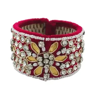 THE OPAL FACTORY Haldi jewellery for bridal Large Gota Kundan Cuff Bracelet baby shower jewellery for mom floral jewellery set for haldi for women and girls (Rani Fuchsia)
