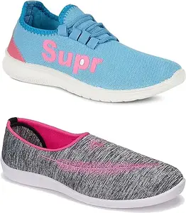 WORLD WEAR FOOTWEAR Soft Comfortable and Breathable Canvas Lace-Ups Sports Running Shoes for Women (Blue and Pink, 5) (S17196)