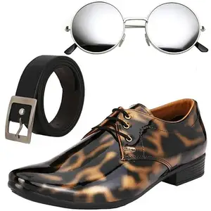 Vitoria Fashionable Men Formal Shoes with Free Belt & Unisex Round Sliver Sunglasses Combo/9