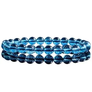 RRJEWELZ 8mm Natural Gemstone Blue Topaz Round shape Smooth cut beads 7.5 inch stretchable bracelet for men. | STBR_RR_M_02305