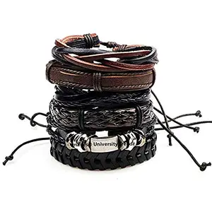University Trendz Modern PU Leather Brown Wrap Multi Layer Bracelet for Mens and Boys (Set of 6)