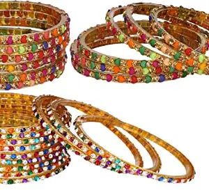 Colorful Glass Bangles/Kada Set Combo Ornamented with Colourful Chips & Beads_Bridal670 (AkBang2-ARU1.a_bang)