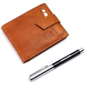 MEHZIN Men Formal Wallet & Pen Combo Gift Set Tan Genuine Leather RFID Wallet (8 Card Slots) Wallet & Pen Combo Gift Set Style 130