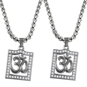 De-Autocare Set Of 2 Silver Color Unisex Stainless Steel Square Shape Diamond Nug Stone Studded Hindu God Om Chand Symbol Lord Shiva Mahadev Bolenath Mahakaal Pendant Locket Necklace With Box Chain