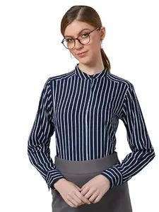 Style Quotient Women Navy and White Chalk Stripe Polyester Regular Formal Shirt