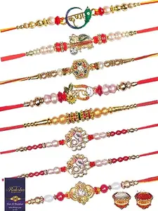 De Marquis Presents Multicolour Rakhi Combo Set with Roli Chawal Rakhi Bracelet Set for Men -Combo of 8