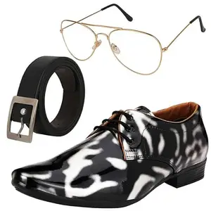 Vitoria Gracefull Men Formal Shoes with Free Belt & Unisex White Gold Avitor Sunglasses Combo/6