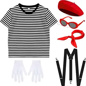 Zhanmai French Mime Artist Costume Set for Women Girl Tops,Beret,Gloves,Red Neck Scarf,Suspenders,Oval Sunglasses for Cosplay Party, Red, Black and White, X-Small
