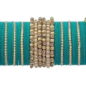 T4 Jewels Brass Metal Beads Stones & Gemstones Studded Moti & Pearl Glossy Finished Bangles Set for Women & Girls_Teal_2.8